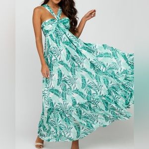 Petal Roz Green Palm Print Halter Neck Maxi Dress